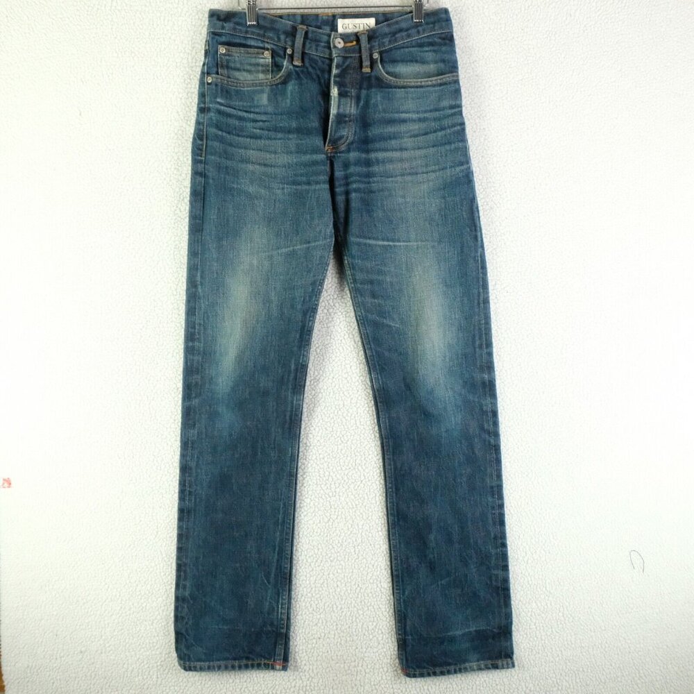 Gustin Jeans Mens 30X34 Blue Raw Selvedge Denim Straight Stone Wash Whiskers